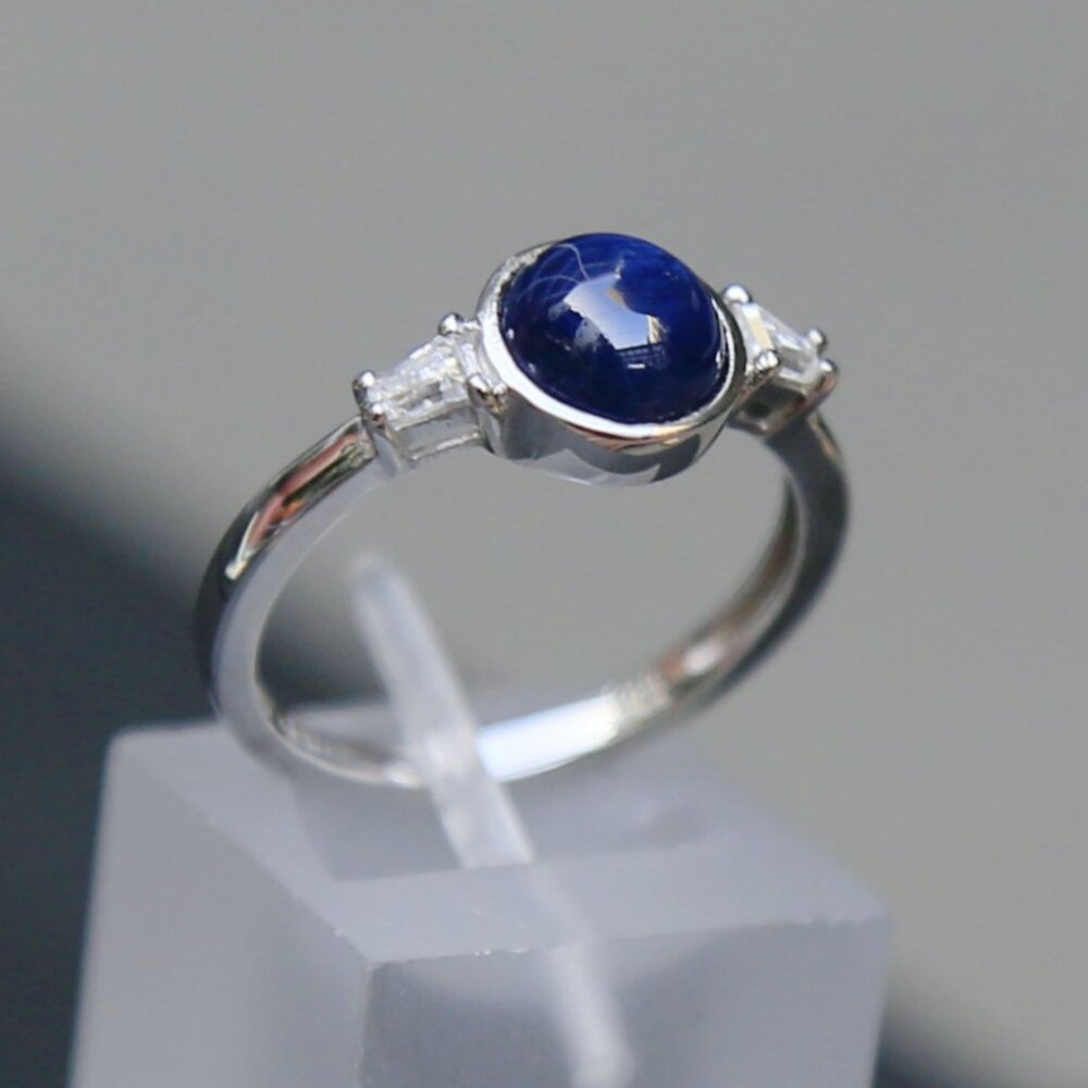 Artisan ✦ Blue Star Sapphire Ring ✦ Moissanite Sterling Silver Bezel Set Size 7